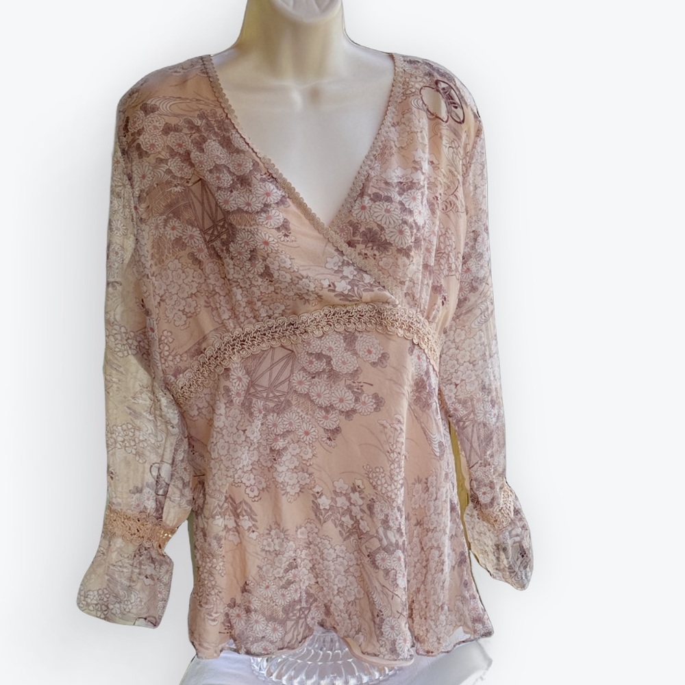 Ethereal Silk Flowy Boho Lace-Trimmed Romantic Floral Pale Peach V-Neck Top ~ XL